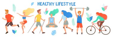 Sağlıklı bir yaşam tarzı. Farklı fiziksel aktiviteler: çalışan, tekerlekli paten, vücut geliştirme, yoga, fitness, scooter, Kuzey yürüyüşü. Düz vektör çizim.