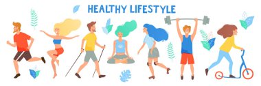 Sağlıklı bir yaşam tarzı. Farklı fiziksel aktiviteler: çalışan, tekerlekli paten, dans, yoga, fitness, scooter, Kuzey yürüyüşü. Düz vektör çizim.