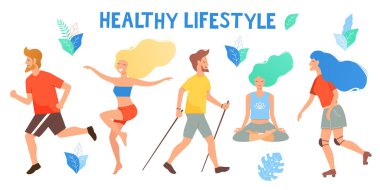Sağlıklı bir yaşam tarzı. Farklı fiziksel aktiviteler: çalışan, tekerlekli paten, dans, yoga, fitness, Kuzey yürüyüşü. Düz vektör çizim.