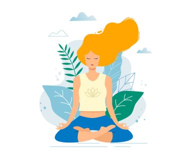 Lotus meditasyon pratik pozisyonda oturan kadın. Yoga kız vektör trendy çizim.