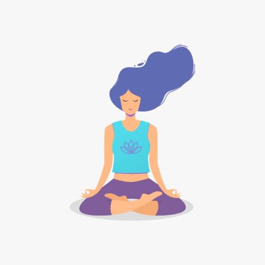 Lotus pozisyonunda oturmuş meditasyon yapan bir kadın. Yoga kız vektör illüstrasyonu.