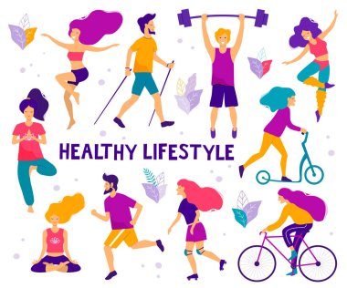 Sağlıklı bir yaşam tarzı. Farklı fiziksel aktiviteler: çalışan, tekerlekli paten, vücut geliştirme, yoga, fitness, scooter, Kuzey yürüyüşü. Düz vektör çizim.