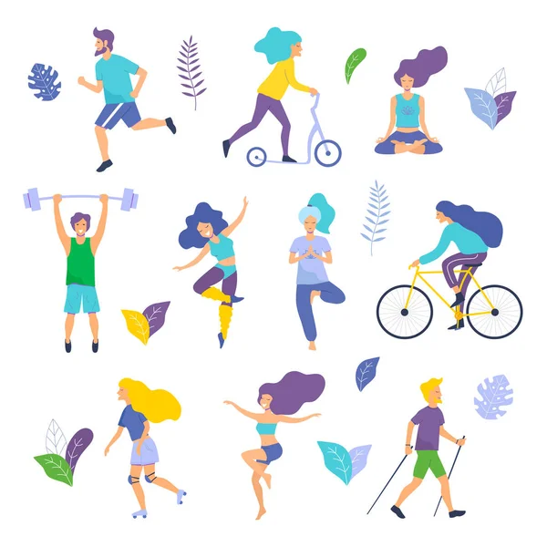Sağlıklı bir yaşam tarzı. Farklı fiziksel aktiviteler: çalışan, tekerlekli paten, dans, vücut geliştirme, yoga, fitness, scooter, Kuzey yürüyüşü. Düz vektör çizim.