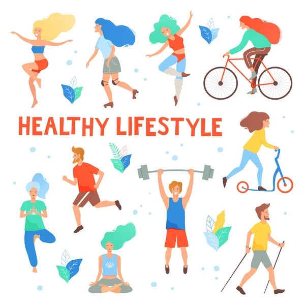 Healthy Lifestyle Different Physical Activities Running Roller Skates Dancing Bodybuilding — Stock Vector