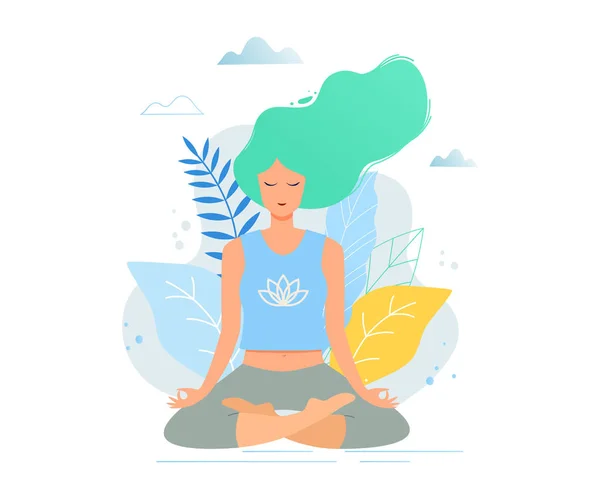 Vrouw Zitten Lotuspositie Beoefenen Van Meditatie Trendy Vectorillustratie Yoga Meisje — Stockvector