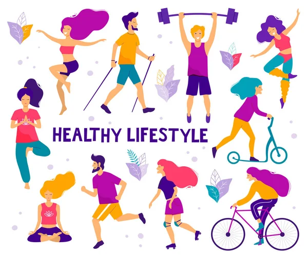 Sağlıklı Bir Yaşam Tarzı Farklı Fiziksel Aktiviteler Çalışan Tekerlekli Paten — Stok Vektör