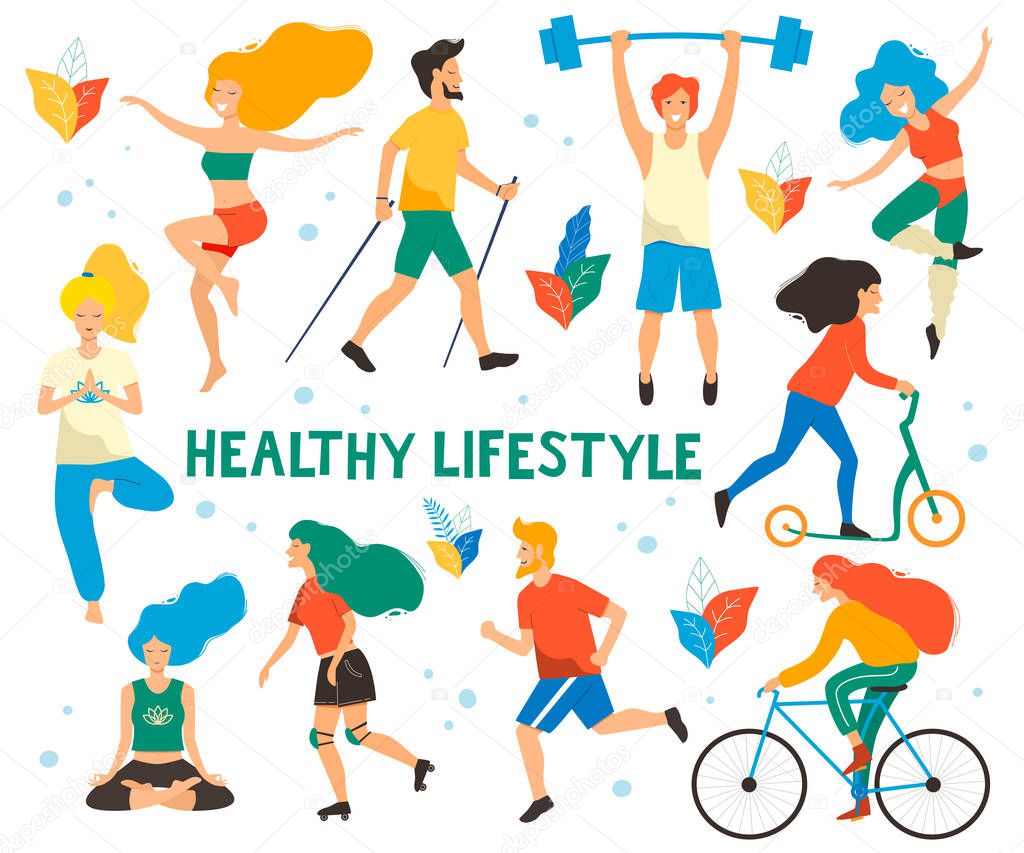 Healthy lifestyle. Different physical activities: running, roller skates, dancing, yoga, fitness, scooter, nordic walking. Flat vector illustration.