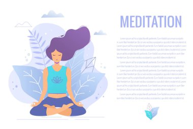 Lotus pozisyonunda oturmuş meditasyon yapan bir kadın. Yoga kız vektör illüstrasyonu.