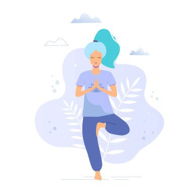 Kadın ağaç poz. Yoga-kız bir park vektör trendy çizimde.