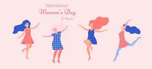Ilustração Vetor Dia Internacional Mulher Mulheres Dançantes Bonitas —  Vetores de Stock