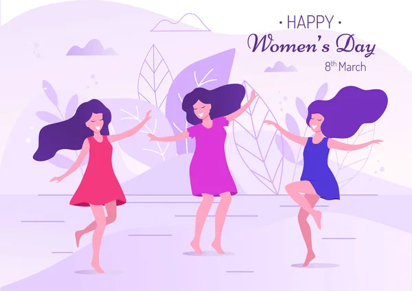 Feliz Dia Das Mulheres Ilustração Vetorial Mulheres Dançantes Bonitas —  Vetores de Stock