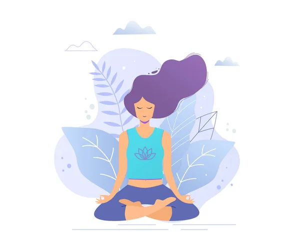 Lotus meditasyon pratik pozisyonda oturan kadın. Yoga kız vektör trendy çizim.