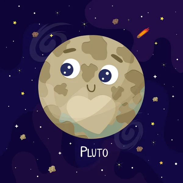 Drăguţ Desen Animat Pluto Planeta Caracter Ilustrație Vectorială Spațială — Vector de stoc
