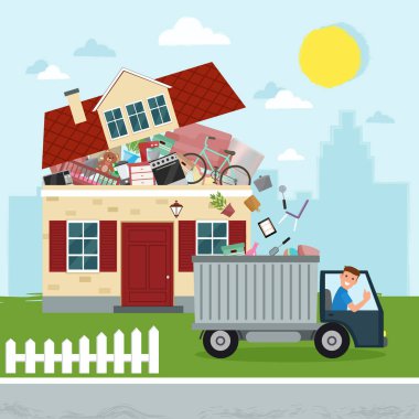 The concept of excessive consumerism. House bursting of stuff. Throwing away things from house. Junk removal. Vector illustration. clipart