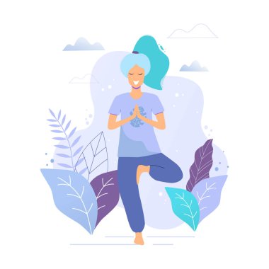 Kadın ağaç poz. Yoga-kız bir park vektör trendy çizimde.