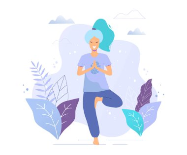 Kadın ağaç poz. Yoga-kız bir park vektör trendy çizimde.