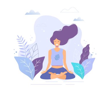 Lotus meditasyon pratik pozisyonda oturan kadın. Yoga kız vektör trendy çizim.
