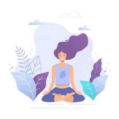 Lotus meditasyon pratik pozisyonda oturan kadın. Yoga kız vektör trendy çizim.