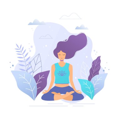 Lotus meditasyon pratik pozisyonda oturan kadın. Yoga kız vektör trendy çizim.