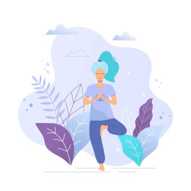 Kadın ağaç poz. Yoga-kız bir park vektör trendy çizimde.