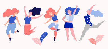 Mutlu güzel aktif artı boyutu kızlar düz illüstrasyon vektör. Vücut olumlu kavramı.