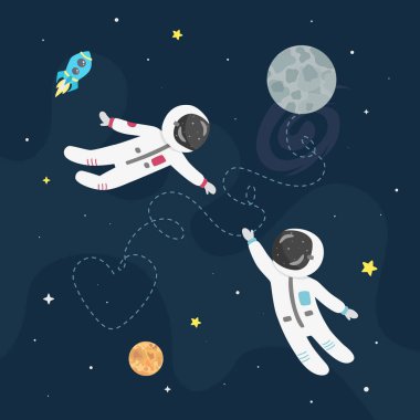 Uzay aşk vektör çizim. Çocuk astronot ve kız astronot birbirine sinek.