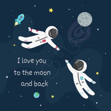 Uzay aşk vektör çizim. Çocuk astronot ve kız astronot birbirine sinek.