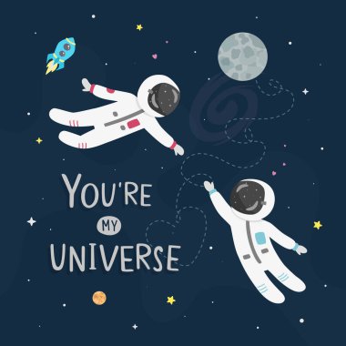Uzay aşk vektör çizim. Çocuk astronot ve kız astronot birbirine sinek. Evren kartımı sensin.