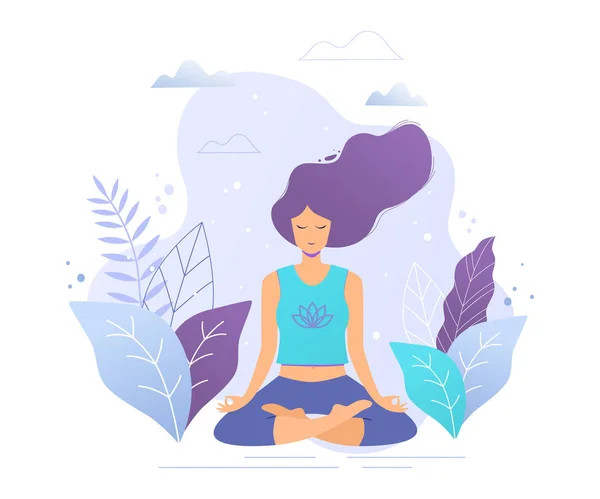 Vrouw Zitten Lotuspositie Beoefenen Van Meditatie Trendy Vectorillustratie Yoga Meisje — Stockvector