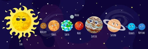 Vector Illustratie Van Ruimte Universum Schattige Cartoon Planeten Asteroïden Komeet — Stockvector
