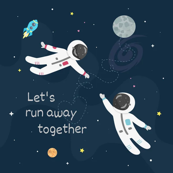 Espaço Amor Vetor Ilustração Menino Astronauta Menina Astronauta Voar Para —  Vetores de Stock