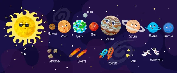 Vector Illustratie Van Ruimte Universum Schattige Cartoon Planeten Asteroïden Komeet — Stockvector