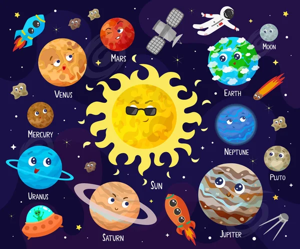 Vektör çizim alanı, evren. Sevimli çizgi gezegenler, asteroitler, kuyruklu yıldız, roketler.