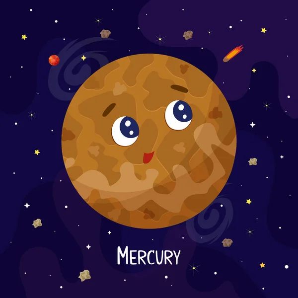Schattig Planeet Mercurius Karakter Ruimte Vector Illustrtion — Stockvector