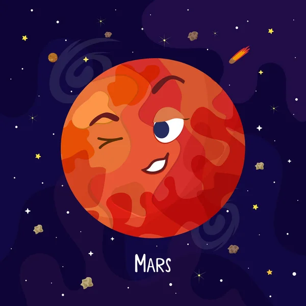 Cute cartoon Mars planet character. Space vector illustration