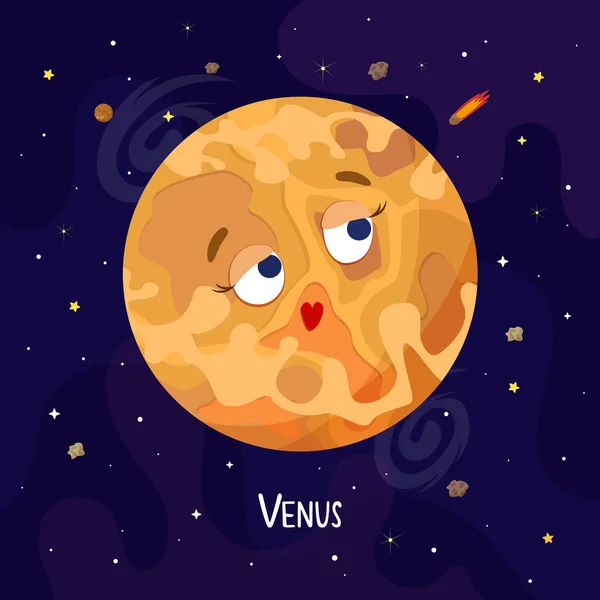 Schattige Cartoon Venus Planet Karakter Ruimte Vectorillustratie — Stockvector