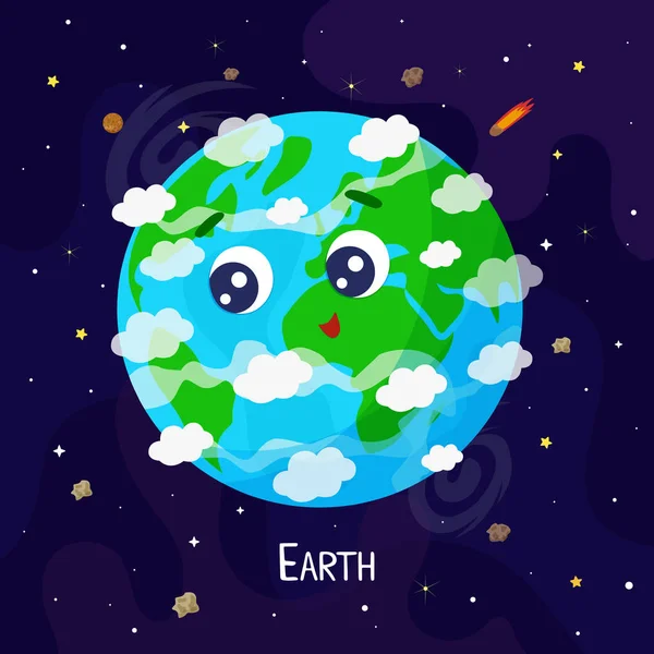 Sevimli Çizgi Earth Gezegen Karakter Uzay Vektör Çizim — Stok Vektör