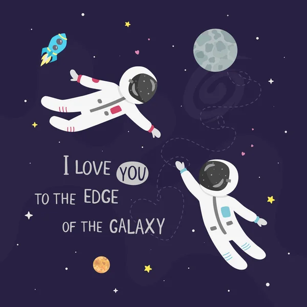 Uzay aşk vektör çizim. Çocuk astronot ve kız astronot birbirine sinek. Galaxy kart kenarına seniseviyorum.