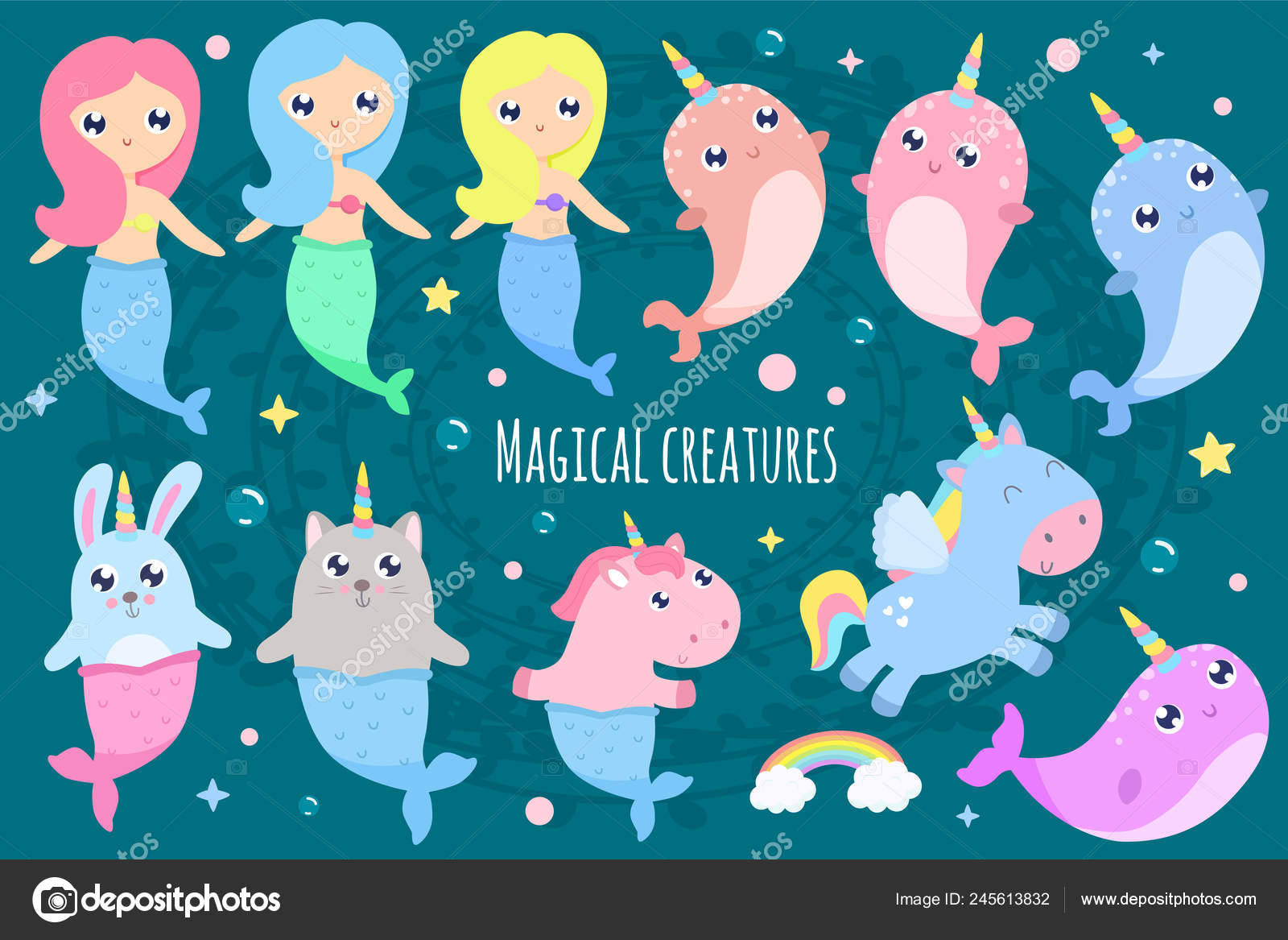 Magical Creatures Narwhal Unicorn Mermaid Bunny Mermaid Cat Mermaid Pegasus  Stock Vector by ©svetlam 245613832