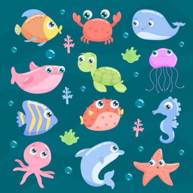 Sevimli deniz hayvanları vektör çizim ayarla