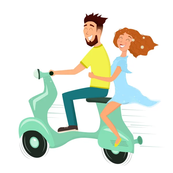 Homem Mulher Felizes Apaixonados Andar Scooter Ilustração Dos Desenhos Animados — Vetor de Stock