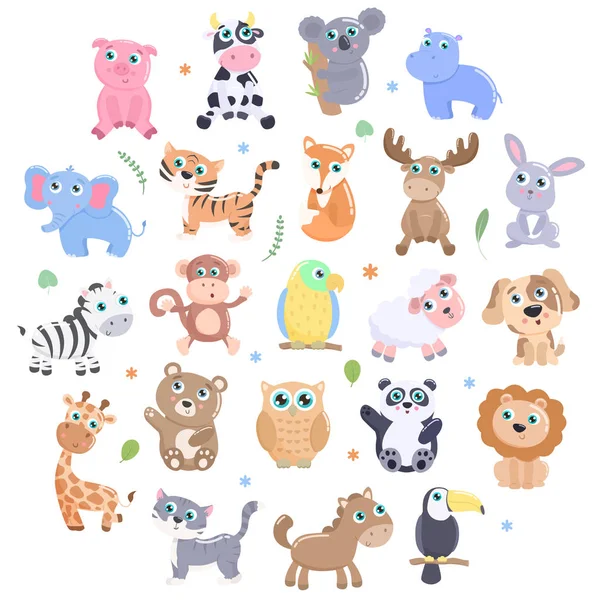 Lindo Conjunto Animales Diseño Plano — Vector de stock