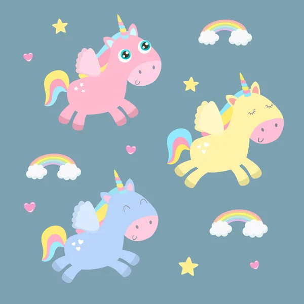 Cute Unicorns Pegasus Vector Illustration — Stock Vector