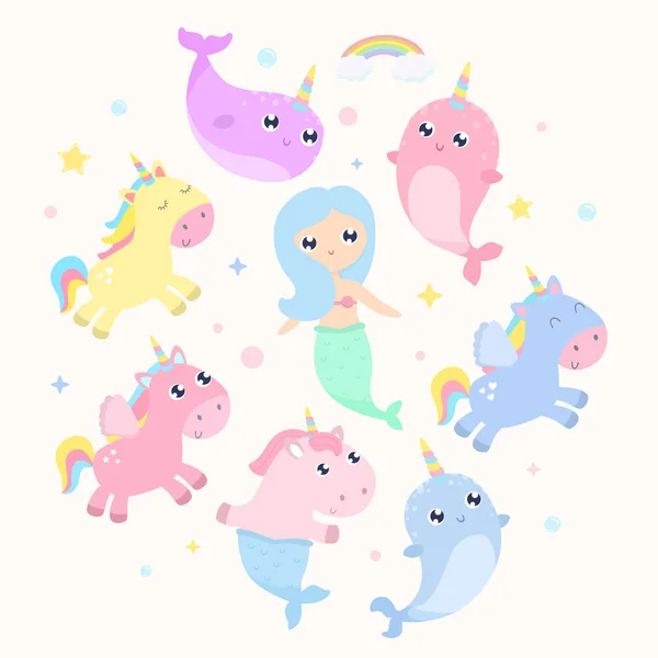 Magical Creatures Narwhal Unicorn Mermaid Pegasus Vector Illustration — Stock Vector