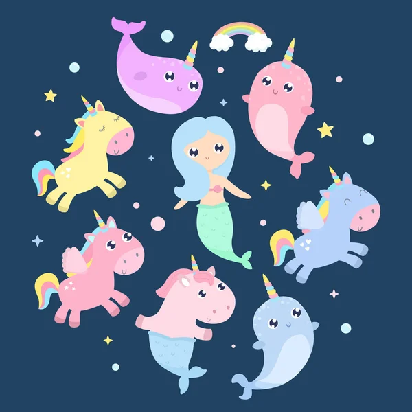 Magical Creatures Narwhal Unicorn Mermaid Pegasus Vector Illustration — Stock Vector