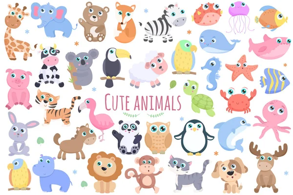 Cute Animals Set Flat Design — Stock Vector