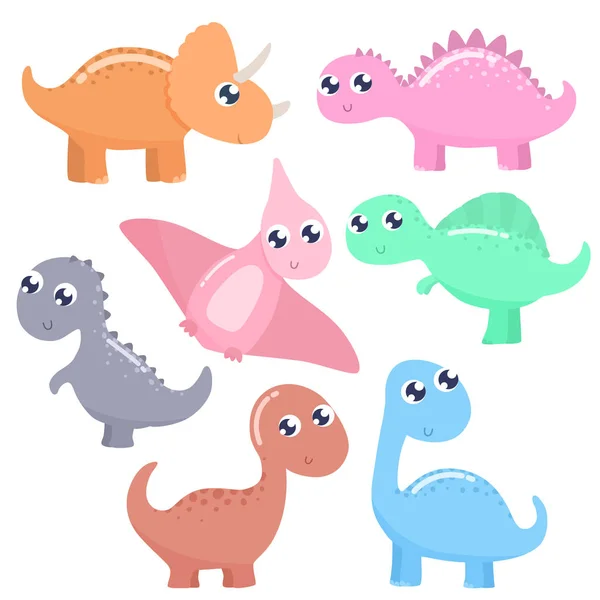 Lindos Dinosaurios Dibujos Animados Establecidos Diseño Plano — Vector de stock