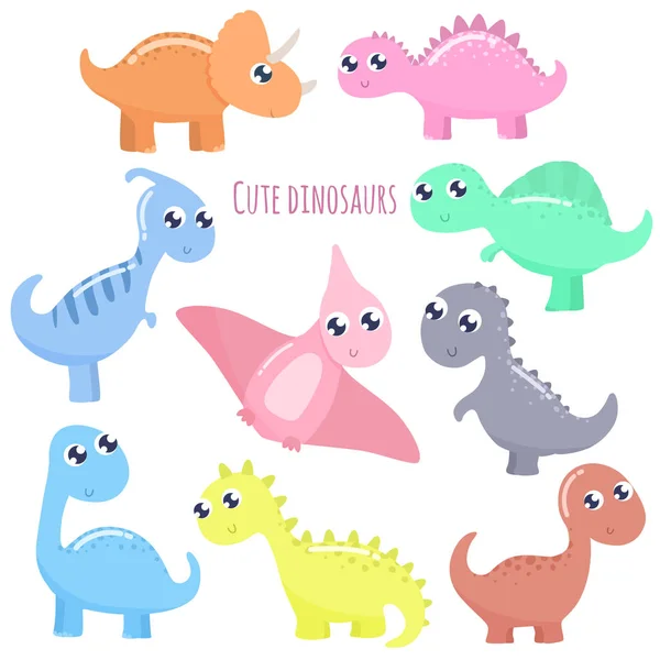 Roztomilý Kreslený Sada Dinosaurů Plochý Design — Stockový vektor