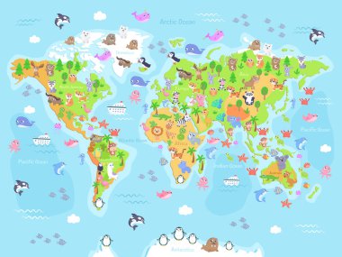 Dünya Haritası hayvanlarla vektör çizim çocuklar için. Düz tasarım.