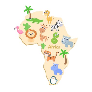 Afrika Haritası hayvanlarla çocuklar için. Düz tasarım.
